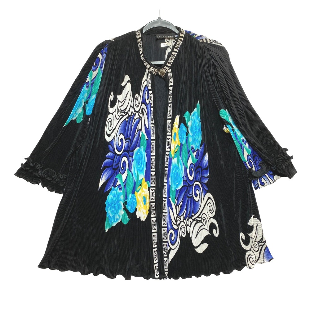 Virginie Paris Open Front Blouse Womens Large Black Floral Made in France